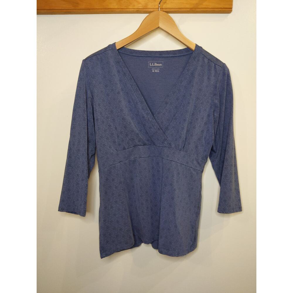 LL Bean Womens M Wrap Top 3/4 Sleeve Empire Waist Blue Tencel Blend
